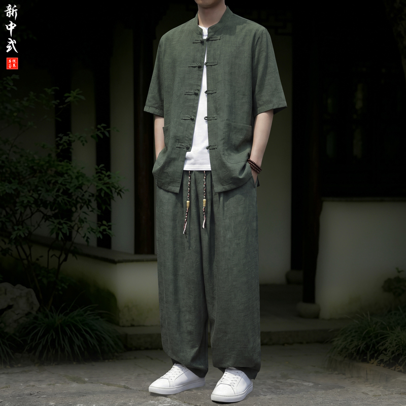 New Chinese-Style Thin Breathable Linen-Like Ice Silk Casual Tang Suit Set, Chinese Style High-Quality Loose Large Size Zhongshan Suit New Chinese-Style Thin Breathable Linen-Like Ice Silk Casual Tang Suit Set, Chinese Style High-Quality Loose Large Size Zhongshan Suit