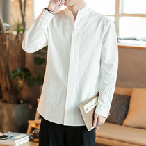 Chinese style retro Chinese thin men casual shirt white lap coat long sleeves improved Han dress man