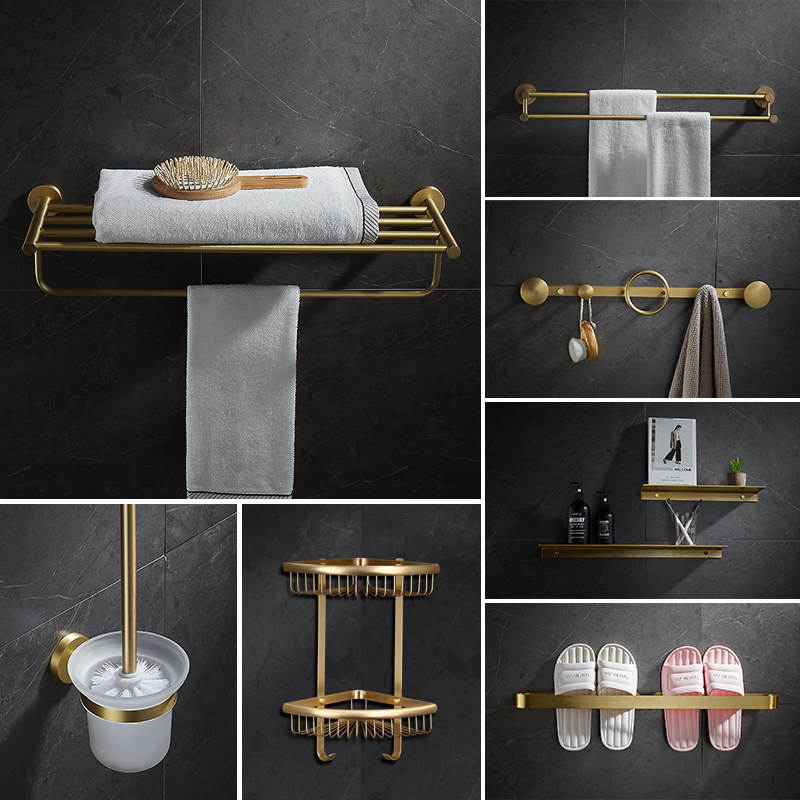 Light luxury All copper brushed towel rack Non-perforated powder room bath towel rack shelf Golden bathroom pendant set