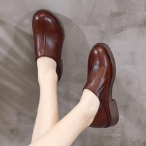 Spring new genuine leather retro Inn wind womens shoes with round head thick bottom flat heel and deep mouth shoes non-slip comfort all season single shoes
