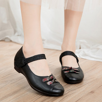 National Wind Genuine Leather Soft Bottom Women Shoes Non-slip Soft Small Slopes Heel Middle Aged Mother Shoes Round Head Single Shoes Old Man Leather Shoes