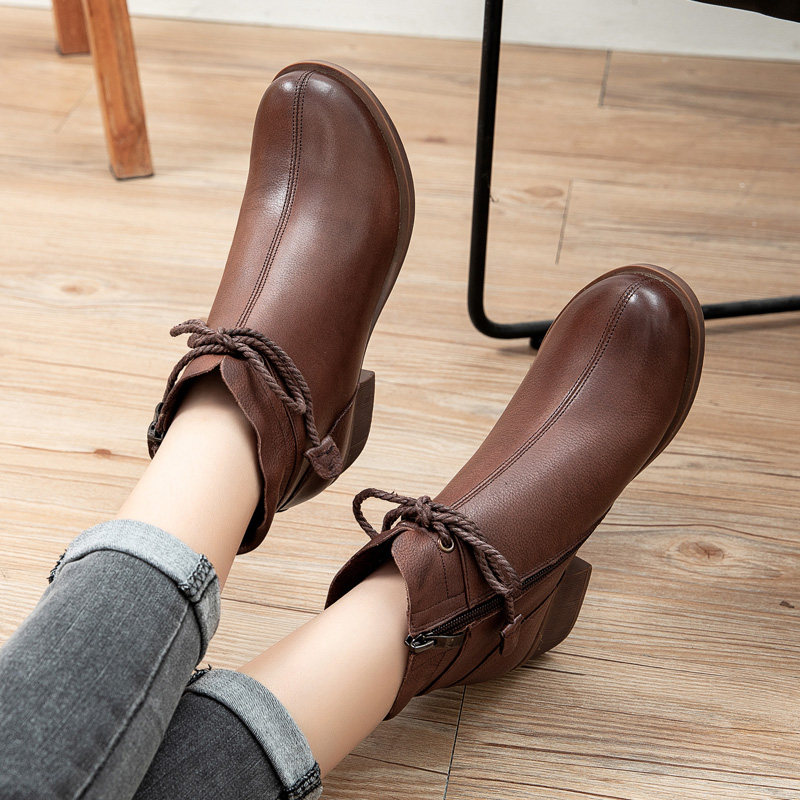 National Wind Retro Style Heel Bull Leather Short Boots Female Cotton Shoes Glint Nude Boots Coarse Heel Mother Short Silo Boots Woman single boot