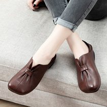 Spring and autumn models genuine leather retro art womens single shoe square head wide version genuine leather middle aged mother shoes Soft bottom flat heel womens shoes