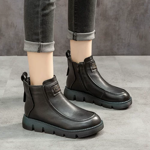 Флисовые зимние ботинки на платформе, короткие сапоги для отдыха, удерживающая тепло универсальная обувь для матери, из натуральной кожи