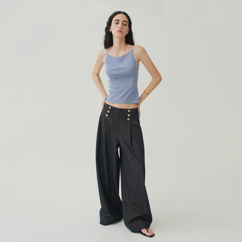 Someone Sometimes Retro Metal Buckle Straight-Leg Pants Ocean Style Double-Breasted Cotton-Feel Jeans
