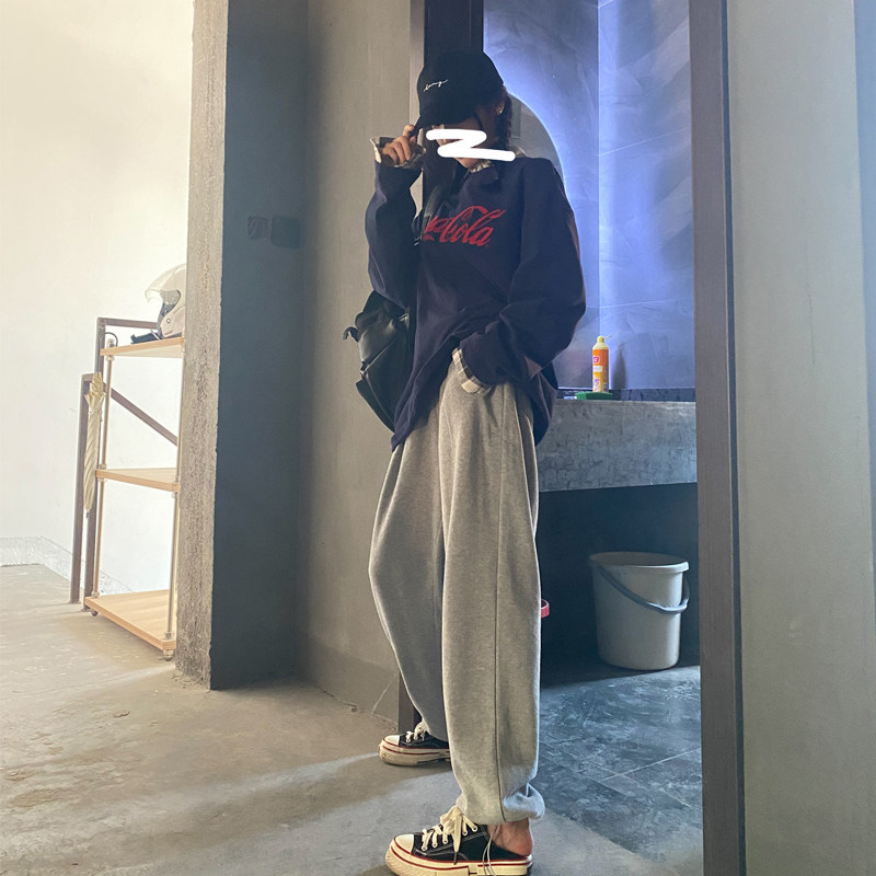 Grey Sports Pants Woman Loose Bunches Pants Tide Ins slim 100 hitch Leg Pants Straight Barrel Casual Draw Rope Swep Pants