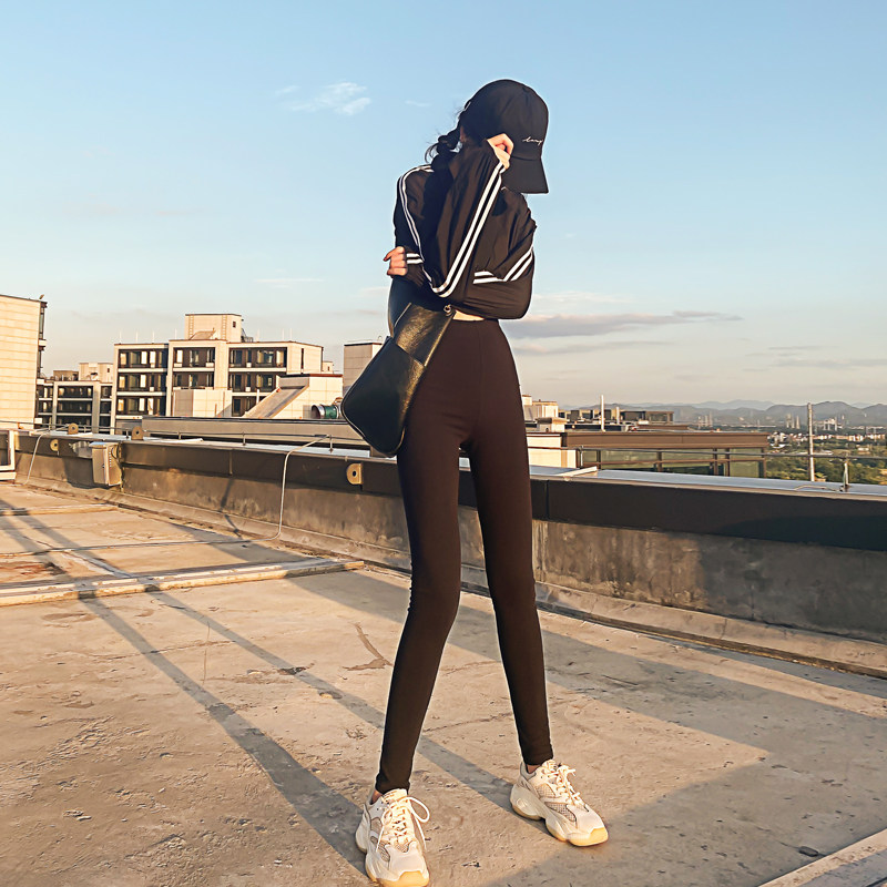 Black tight pants wear spring and autumn elastic small black pants high waist thin Barbie lean pants