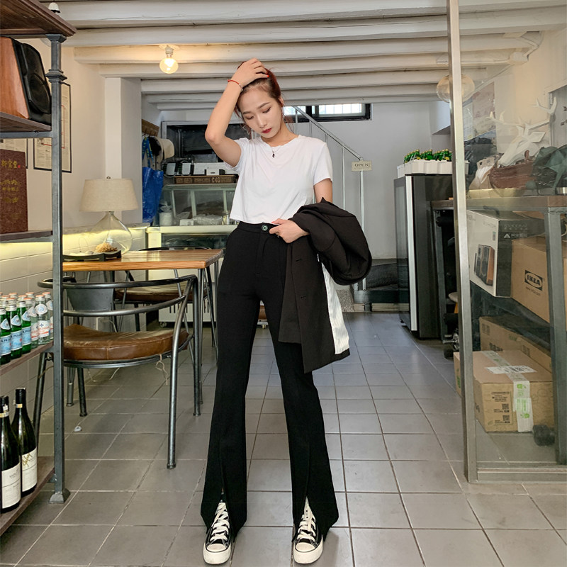 Open microhorn pants high waist pants vertical straight tube slim, casual trousers tide in suit pants autumn