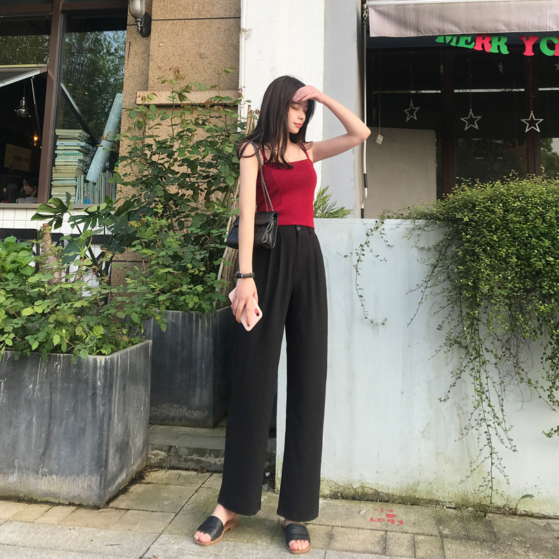 Broadlegged Pants Woman Summer Thin loose casual Western Pants Pendant Feel Tug Pants Black Straight Drum Pants High Waist Slim Fit Slim Fit