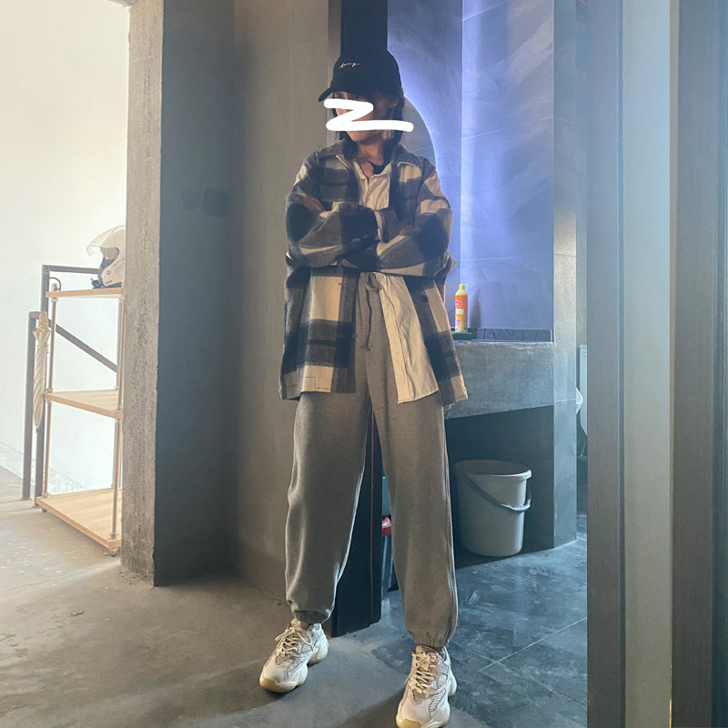 Grey Sports Pants Woman Loose Bunches Pants Ins Chains Chauuuchu pure cotton 90% lantern casual Harun pants