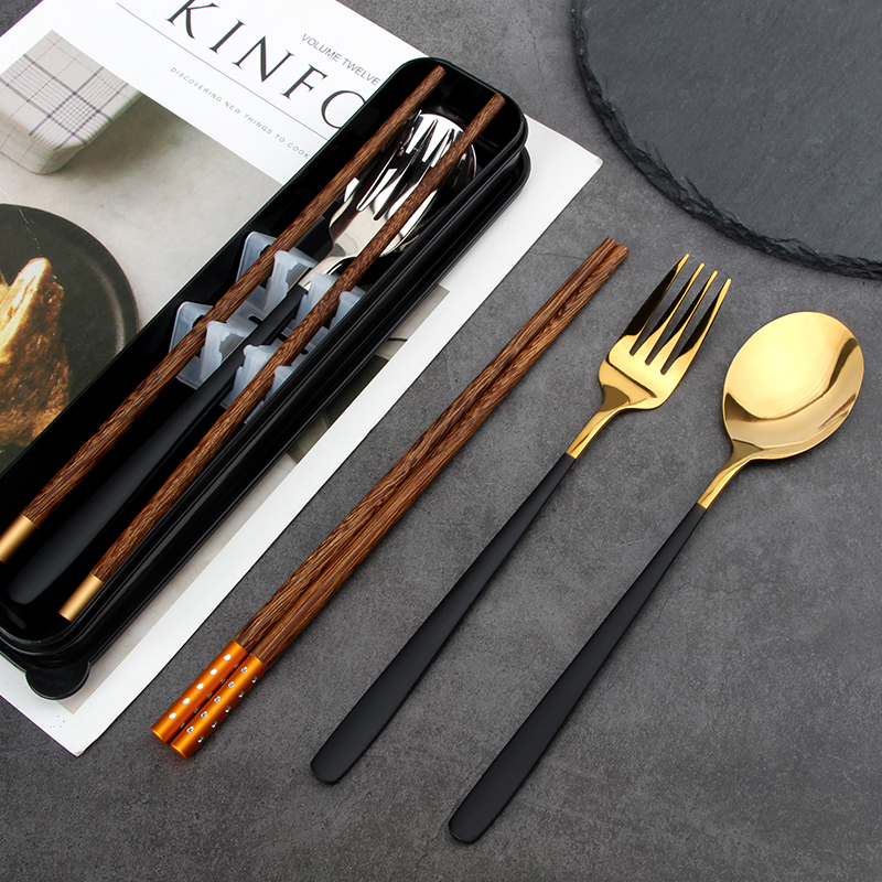 Jianmin chopsticks spoon set Portable tableware Wooden stainless steel fork spoon single boxed outdoor student three-piece set