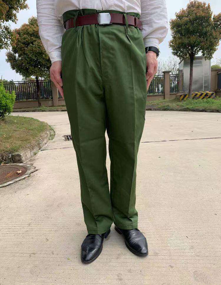 Large crotch army green really good 65 style pants straight pants high waist thin summer trousers old fashioned polyester card men
