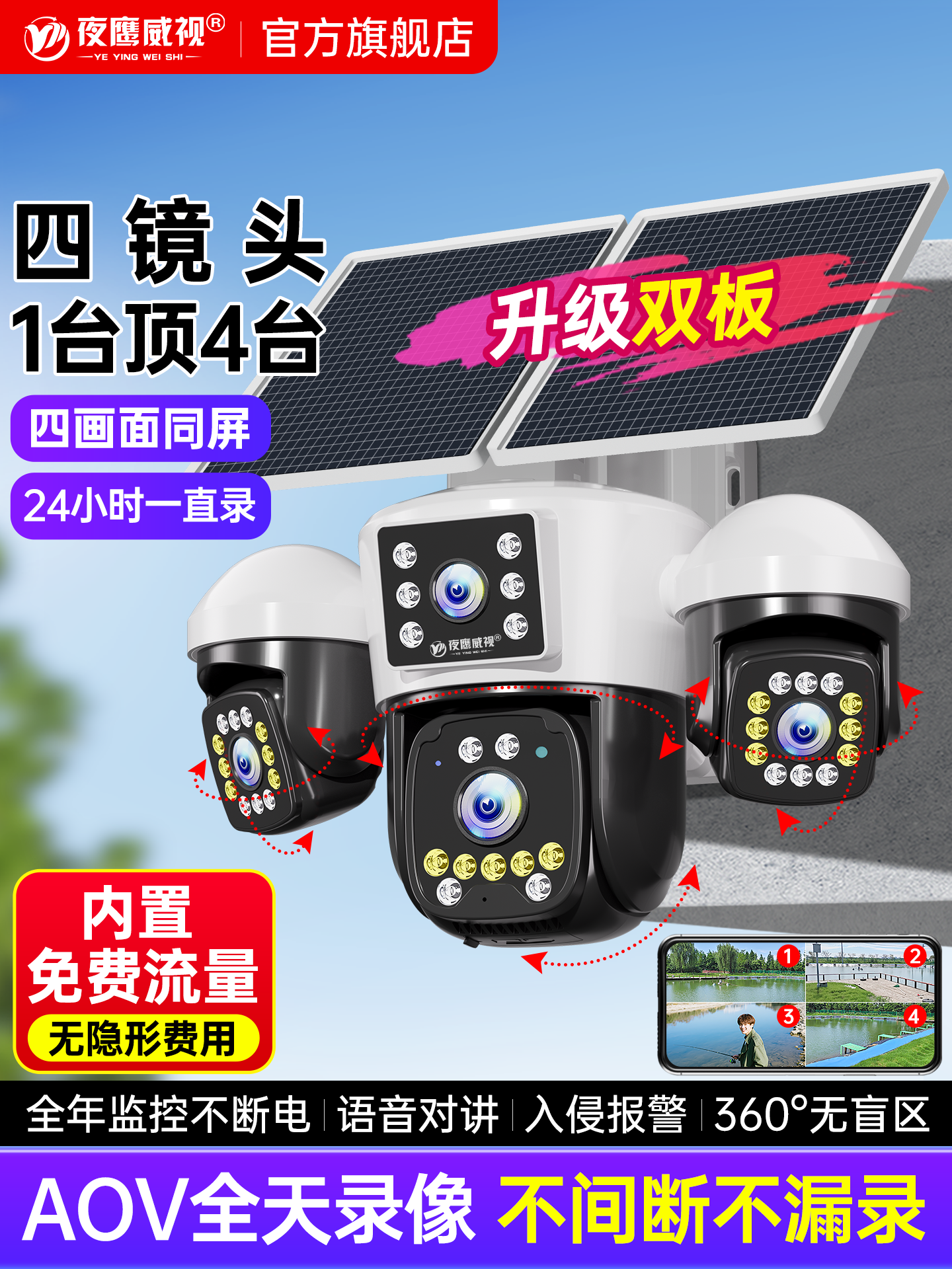 Aov Solar Camera Outdoor 360-Degree No Blind Spots Mobile Phone Remote Monitoring Without Electricity or Network High-Definition Four-Screen Monitoring