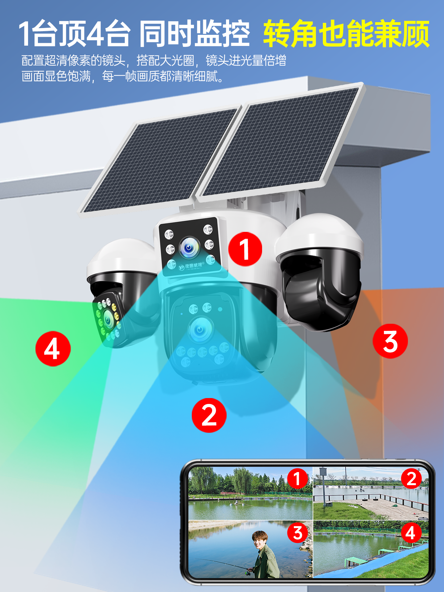 Aov Solar Camera Outdoor 360-Degree No Blind Spots Mobile Phone Remote Monitoring Without Electricity or Network High-Definition Four-Screen Monitoring