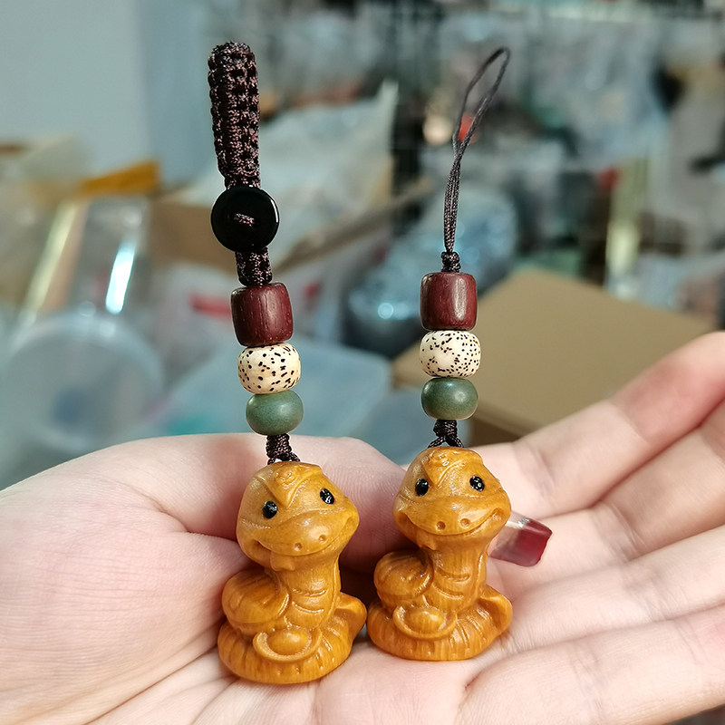 Barbie Sandalwood Carving Zodiac Snake Hand Ornament Cute Car Keychain Phone Chain New Chinese Style Cartoon Snake Gift