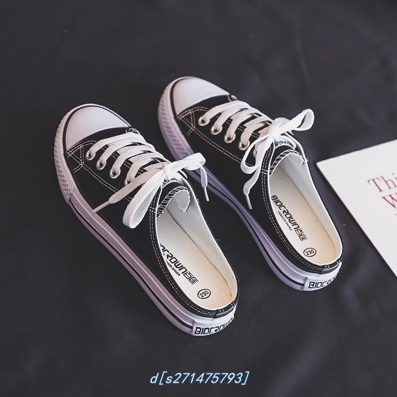 2021 new heel half trailed canvas shoes female Korean version flat bottom 100 hitch small white shoes one foot pedal sloth shoes cloth shoes