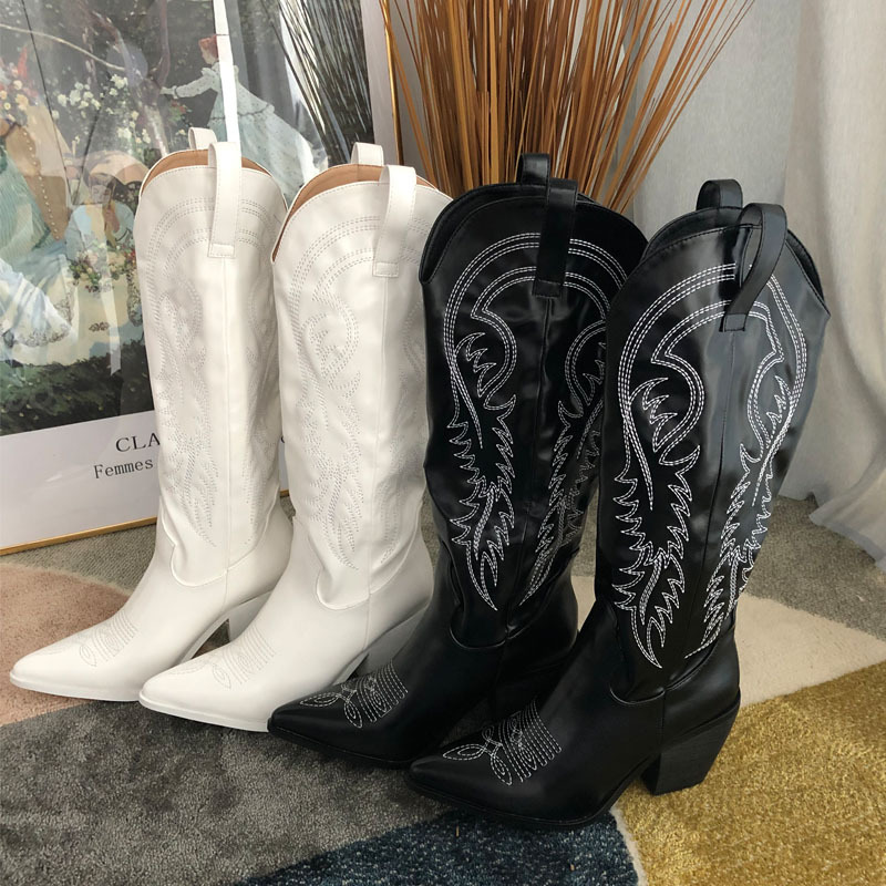 Kendall Jenner Style Soft Leather Long Boots 2026 European and American New Retro Chunky Heel Western Embroidered V-Cut High-Heeled Riding Boots for Women