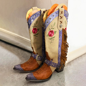 2026 European and American New Style Color-Blocked Tassel Embroidered Western Cowboy Boots Retro Genuine Leather Pointed Toe Studded Large Size Fashion Boots