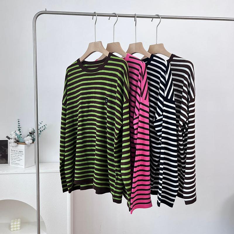Scandinavian Niche Minimalist Style Loose and Lazy Smiley Face Sheep Wool Stripesd Knitwear Women's Autumn Oversize Top