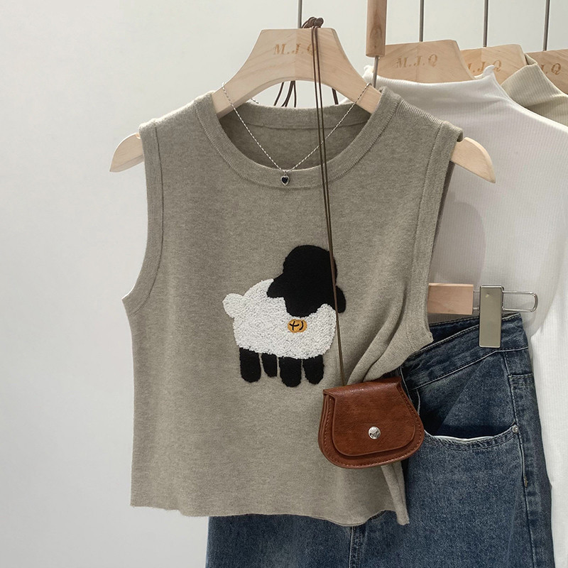 Lamb Embroidered Short Knitted Vest for Women Summer 2024 New Design Niche Round Neck Stacked Sleeveless Top