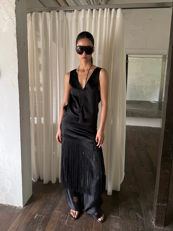 Matinausoir Acetate Satin Fringe Dress Matinausoir Acetate Satin Fringe Dress