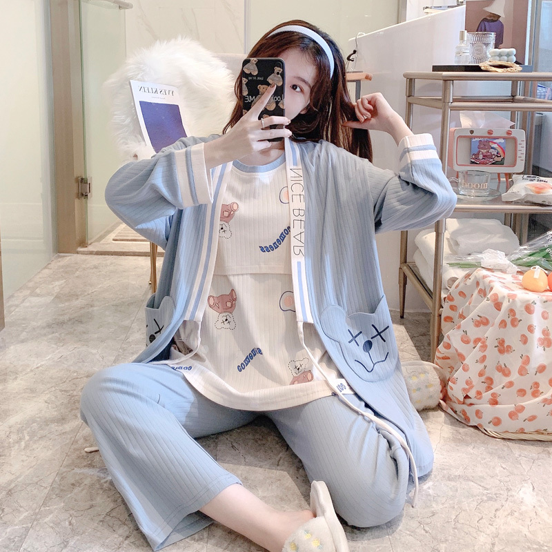 Three-Piece Postpartum Clothing Set, Spring and Autumn Pure Cotton Maternity Pajamas, Breastfeeding Summer Thin Style, Nursing Wear for Postpartum Women, Home Wear after Hospital Discharge