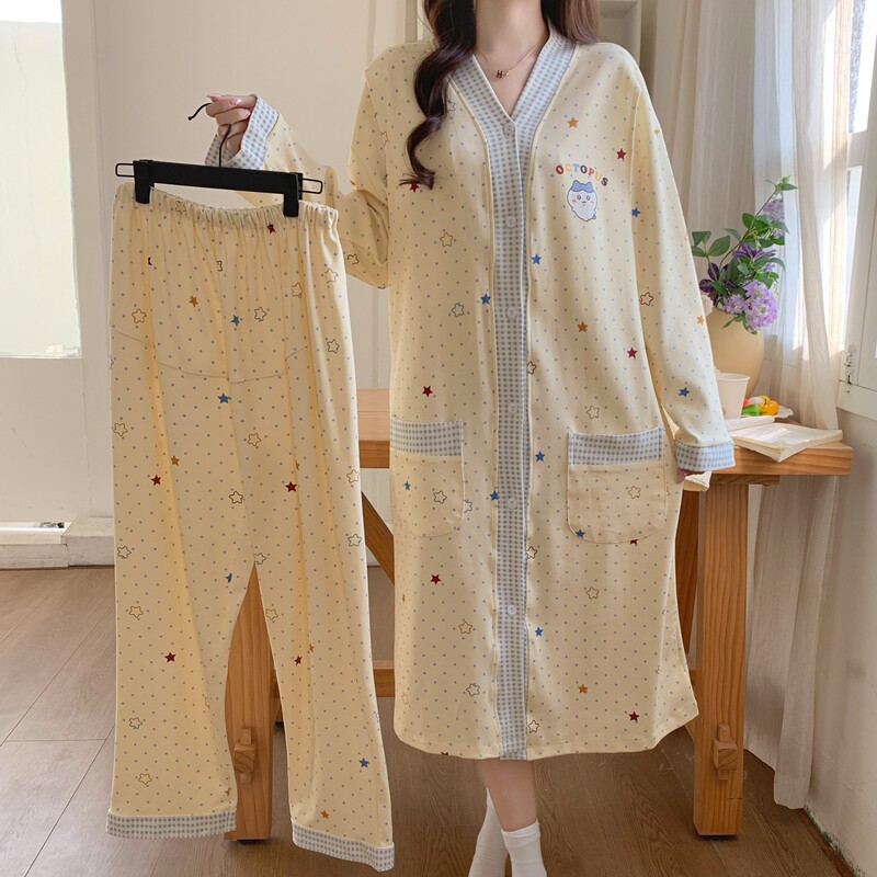 Maternity Dress for Postpartum, Pure Cotton, No Need to Wear a Bra, Summer Thin Maternity Pajama Set, Nursing Nightgown