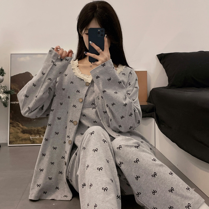 Bra-Free Pure Cotton Postpartum Clothing Three-Piece Set, Summer Thin Style, Postpartum Nursing Maternity Pajamas, Spring and Autumn Maternity Home Wear