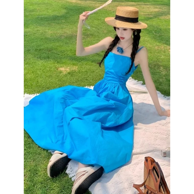 Blue Spaghetti Strap Dress for Women on the Beach Vacation, Summer Klein Blue Beach Dress, Stunning Long Dress for Photoshoots in Sanya Blue Spaghetti Strap Dress for Women on the Beach Vacation, Summer Klein Blue Beach Dress, Stunning Long Dress for Photoshoots in Sanya