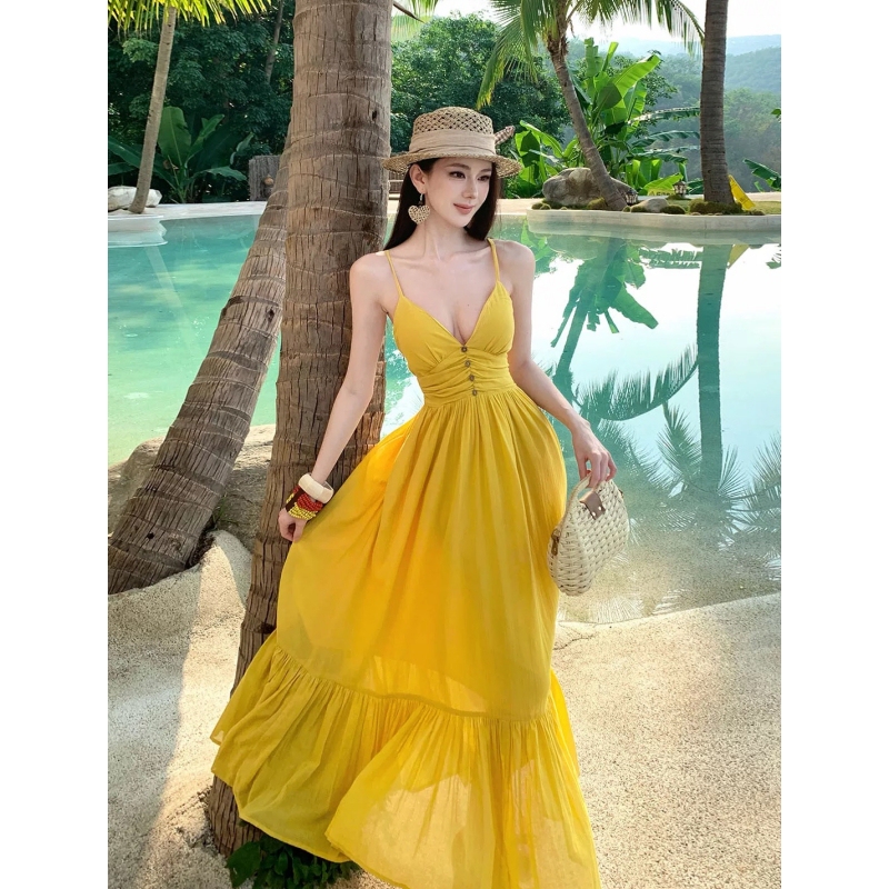 Yellow Spaghetti Strap Dress for Seaside Vacation, Stunning Summer Maxi Skirt, Beach Dress for Photoshoots, Back-Tie Long Dress