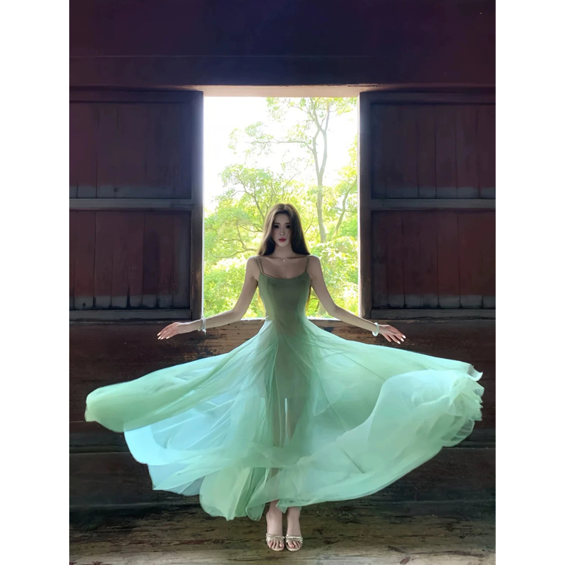 Seaside Atmosphere, Super Fairy-Like Spaghetti Strap Dress for Women, Super Pretty Long Skirt, Mesh Fairy-Like Vacation Style Beach Dress