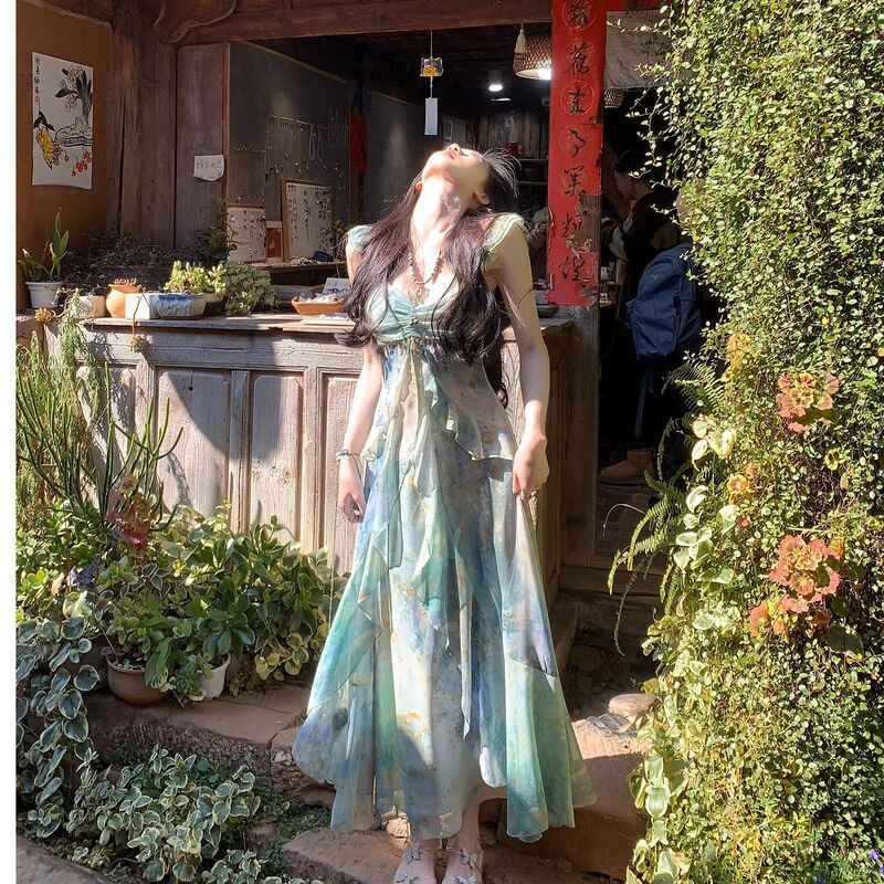 French Resort-Style Spaghetti Strap Dress for Women, Summer Elegant Slimming Long Dress with Small Flutter Sleeves, Stunning Floral Tie-Dye Dress
