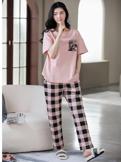 New Style 100% Cotton Pajamas for Women, Summer Pure Cotton Short-Sleeved Long Pants, Summer Thin Style, All-Cotton, Can Be Worn Outside, Home Wear Set