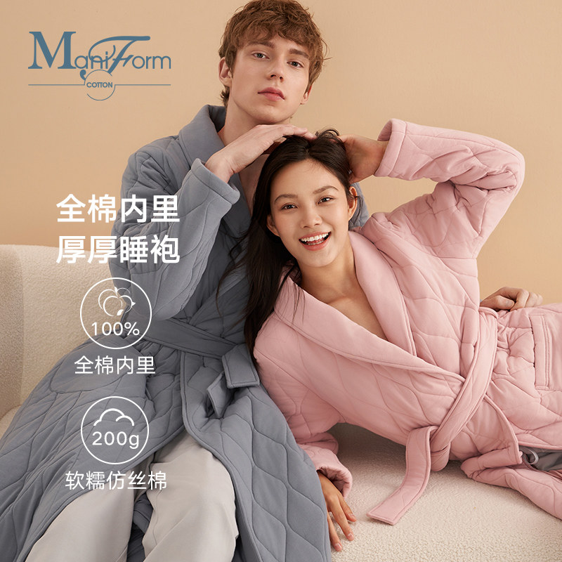 Manny Finn cotton quality living knit pyjamas thickened quilted cotton flap open flap long sleeve female pyjamas male couple's home clothes-Taobao