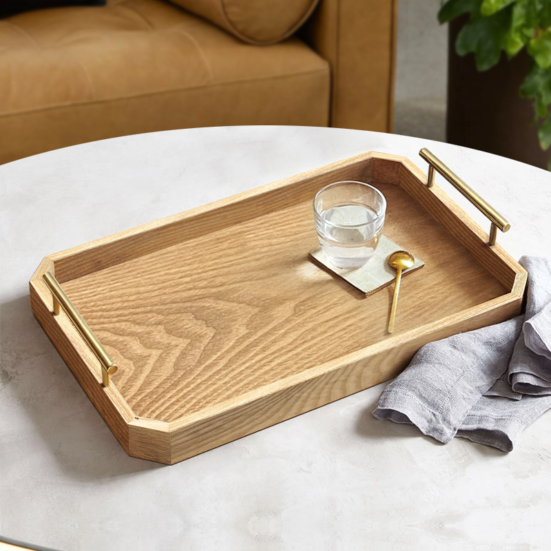 Wooden tray rectangular light luxury tea table solid wood fruit plate household entrance key storage tray brass tray storage