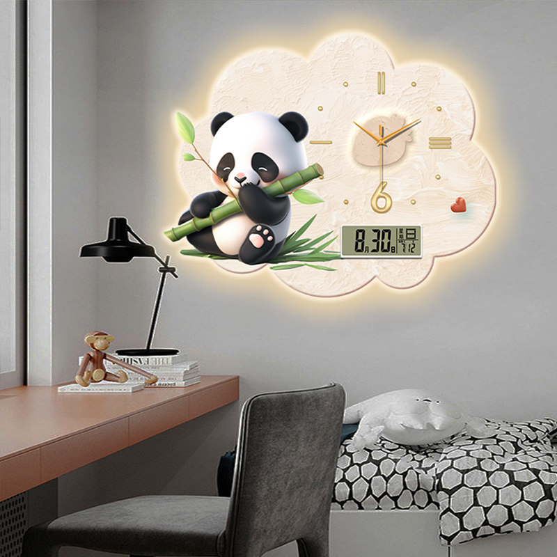 Cream Wind Panda Creativity Hanging clock Wanyearly calendar Electronic clocks Living room Restaurant Children Cartoon Network Red hanging Wall Clock-Taobao