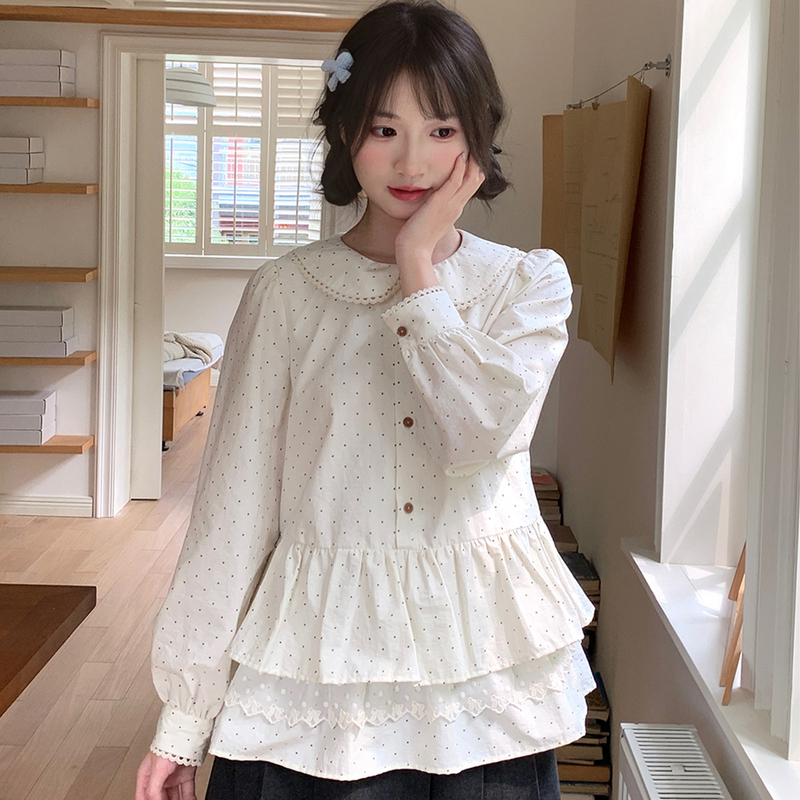 Sweet and Fresh Retro Lace Polka Dot Doll Collar Shirt Autumn and Winter Pink Puppy Knitted Sweater Vest Set