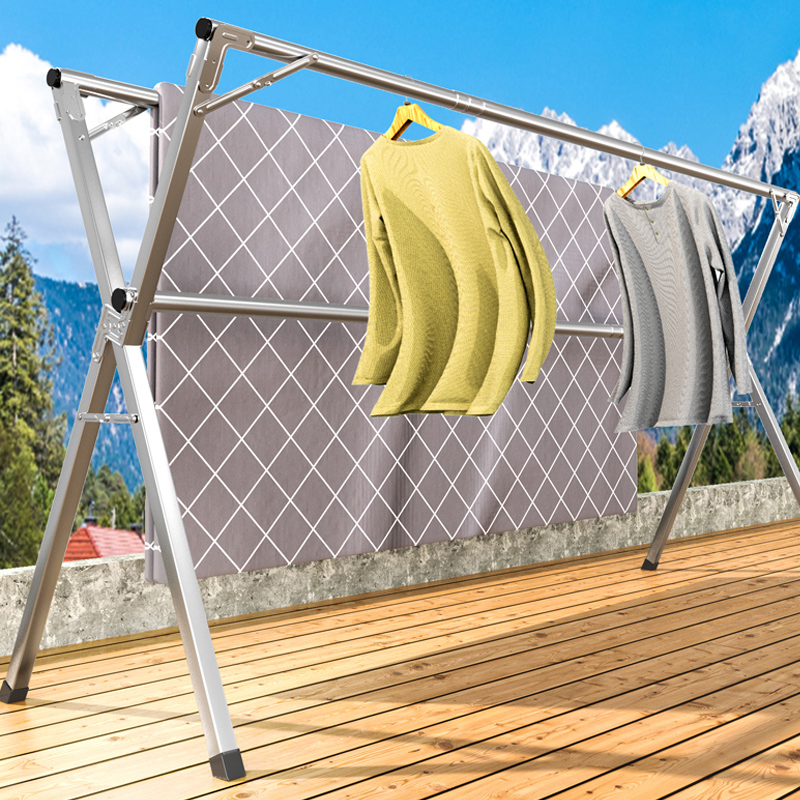 Folding drying rack balcony bedroom floor indoor household telescopic rod stainless steel outdoor drying quilt artifact