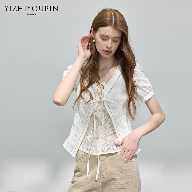 French Sweet Style Fake Two-Piece Short-Sleeved Shirt for Women, New Summer V-Neck Lace-Up Slim-Fitting Elegant Top French Sweet Style Fake Two-Piece Short-Sleeved Shirt for Women, New Summer V-Neck Lace-Up Slim-Fitting Elegant Top