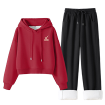 Pull back red style casual sports suit 2024 winter warm hooded sweatshirt straight pants two-piece set YZ