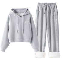 Pull back gray casual sports suit for women 2024 new winter velvet warm sweatshirt straight pants two-piece set YZ