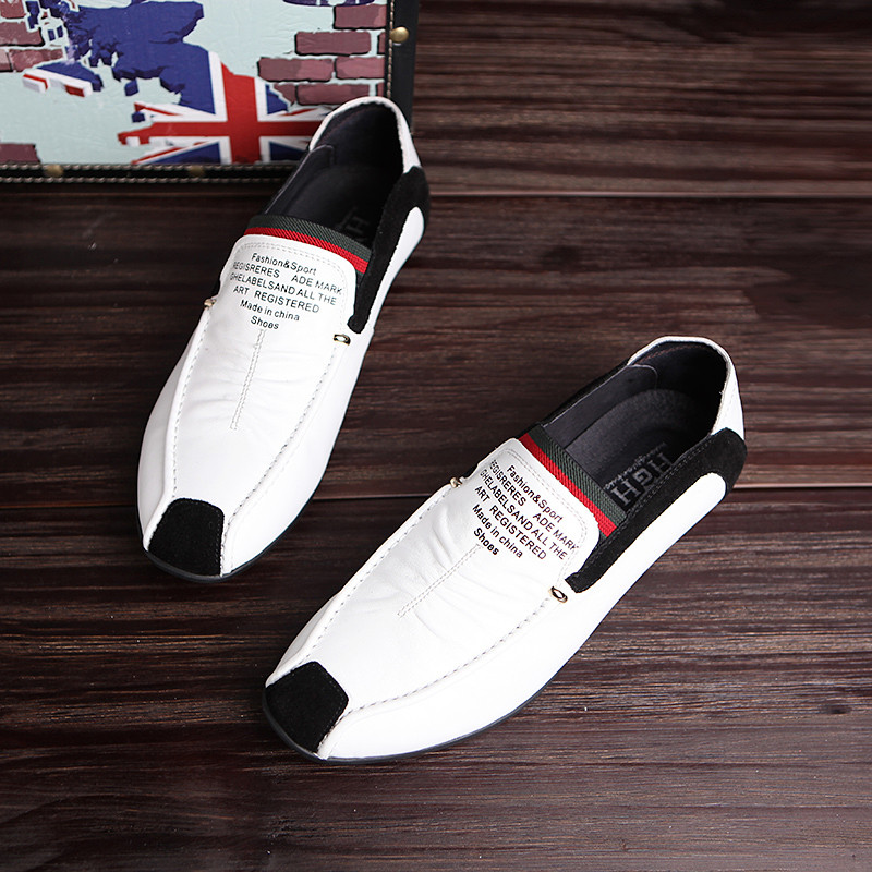 Summer men's casual shoes leather white leather shoes European and American sets of toe toe leather youth beanie shoes soft leather shoes