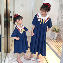 Girls night dress Pure cotton summer thin section of the big child Little girl short sleeve princess dress Summer children parent-child pajamas mother and daughter