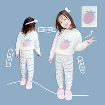 Childrens pajamas Autumn and winter soft half velvet Cute little girl coral velvet warm suit Autumn girls home clothes