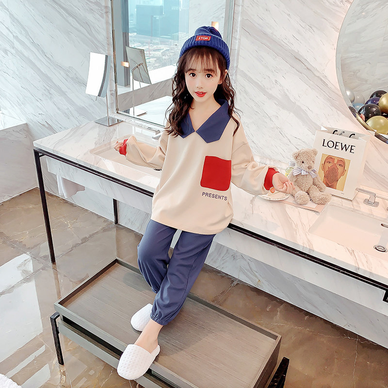 Girls net red suit Foreign school big girl Little girl Pure cotton long sleeve children's sports suit Cute spring and Autumn children's clothing