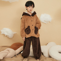 Pajamas boys autumn and winter loose casual flannel cute suit boys winter coral velvet home clothing children