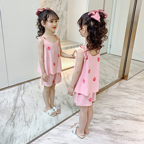 Childrens pajamas womens summer medium large virgin girl thin suspender suit Cute princess cotton Poplin girls  home clothes summer
