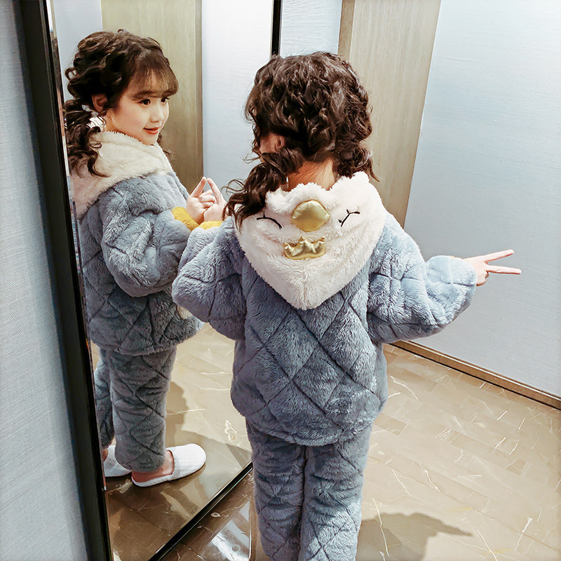 Children's pajamas winter flannel quilted middle-aged children cute baby girls coral fleece girls home clothes thickened