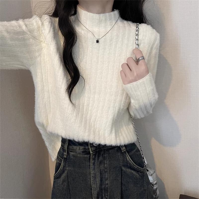 Mink Velvet One-Piece White Knitted Sweater for Women, Spring and Autumn Inner Layer, Fleece-Lined, Elegant and High-End, Half-High Collar Base Layer Top Mink Velvet One-Piece White Knitted Sweater for Women, Spring and Autumn Inner Layer, Fleece-Lined, Elegant and High-End, Half-High Collar Base Layer Top