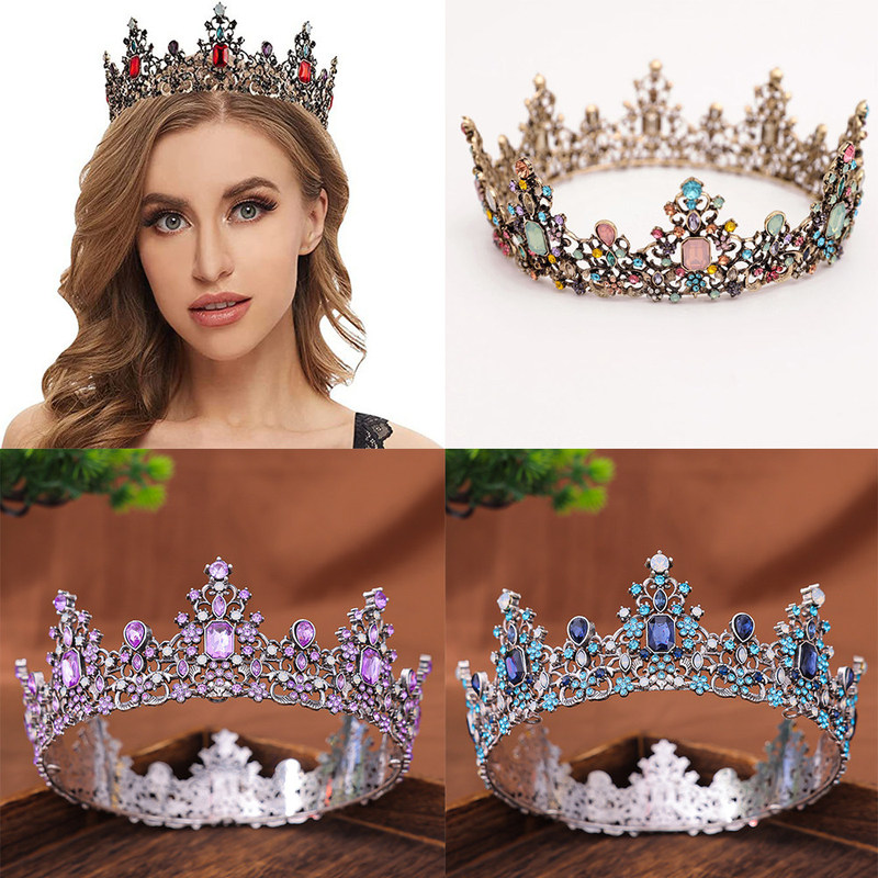 European and American Retro Luxury Full-Circle Crown Headpiece Alloy Seven-Color Diamond Princess Beauty Pageant Party Bridal Crown Hair Accessory